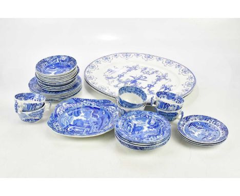 A collection of Copeland Spode 'Italian' blue and white transfer plates, cups and saucers, together with two further blue and