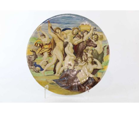 A 19th century Italian Maiolica wall charger, decorated with a classical scene, diameter 40cm (af).Condition Report: Extensiv