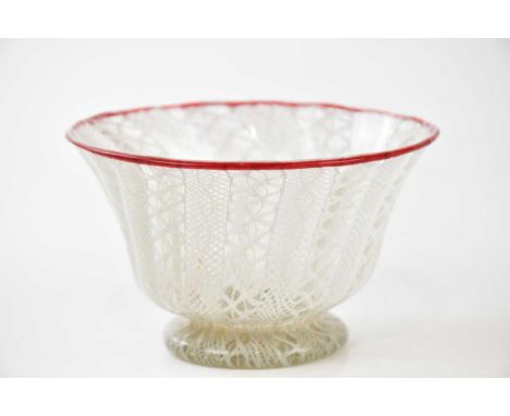 SALVIATI MURANO; a complex cane footed bowl, in opaque with red rim, diameter 12cm.Condition Report: Light surface wear to th