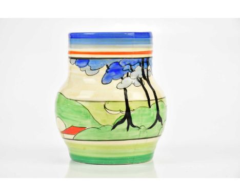 CLARICE CLIFF; a Bizarre range 565 shape vase in the 'Blue Firs' pattern, height 12cm.Condition Report: Small pinhead paint f