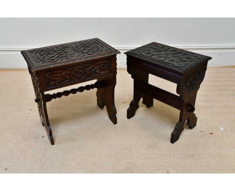 Two Macclesfield type carved stools with Celtic knot style decoration, largest height 49cm, width 41cm.