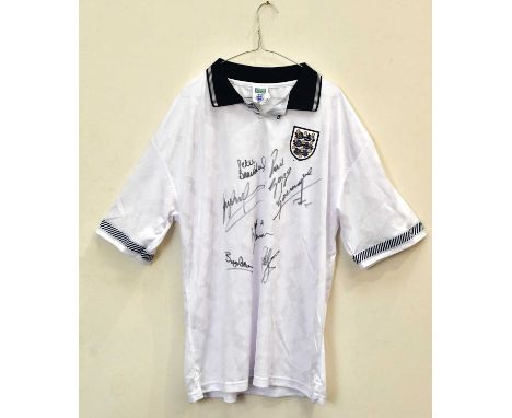 ENGLAND; a signed 1990 retro style football shirt, signed to front by Gascoigne, Lineker, Robson, Barnes, Beardsley and Seama