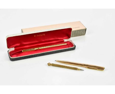 PARKER; a gold plated biro, a rolled gold propelling pencil and a boxed Parker fountain pen (3).