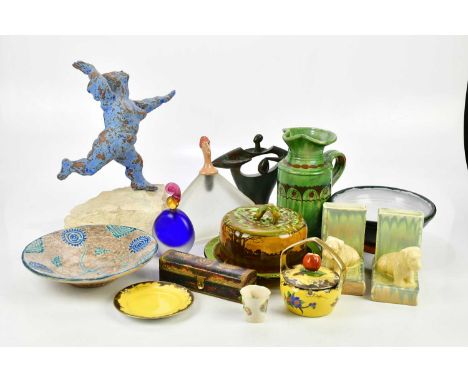 An assortment of ceramics and glassware including a Royal Doulton Seriesware cheese dome and cover, a bronzed figure indistin