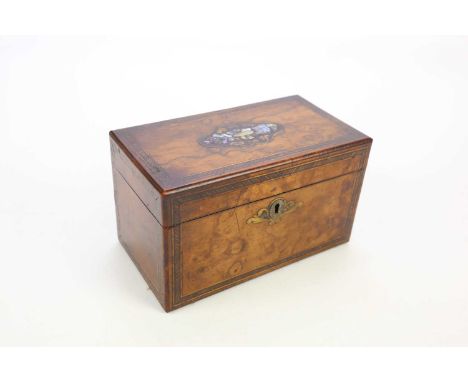 A 19th century burr walnut mother of pearl inlaid tea caddy, height 14cm, width 23cm, depth 12.5cm.