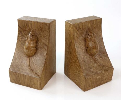 WORKSHOP OF ROBERT MOUSEMAN THOMPSON; a pair of adzed oak bookends, height 15cm (2).