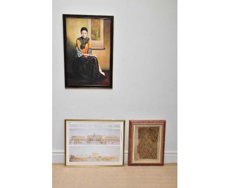 UNATTRIBUTED; oil on board, seated Oriental female figure, unsigned, 91 x 60cm, framed, a framed saddle bag, and a modern pri