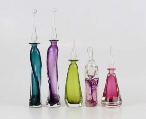 † TOM PETIT; four contemporary Art Glass perfume bottles and stoppers, height of largest 40cm, and a Jane Charles perfume bot