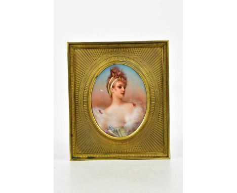 T. LEROY; a 19th century enamel plaque of oval form, decorated with a portrait of a maiden, signed, 12 x 9.5cm, within gilt m