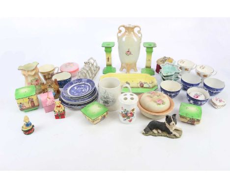 A collection of sundry ceramics including blue and white transfer decorated cup and saucers, toast rack, a floral decorated t