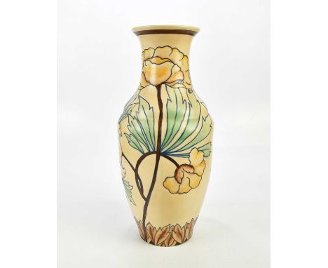 EDITH GATOR FOR ROYAL CAULDON; a large ceramic vase, tubelined with floral detail on a beige ground, height 50cm. 