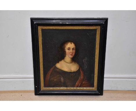 UNATTRIBUTED; late 18th/early 19th century oil on canvas, portrait of a female in red shawl wearing a pearl necklace and pear