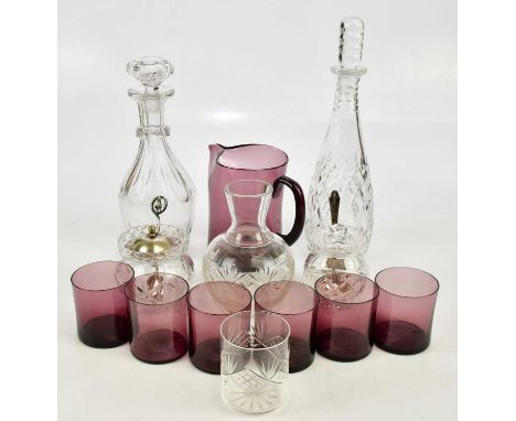 An assortment of decorative glassware including amethyst coloured glasses, decanter, also a Royal Doulton part tea service wi