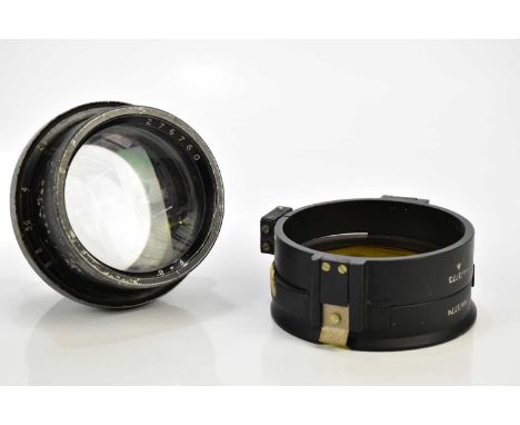An Air Ministry Dallmeyer Pentac 8" f2.9 lens, serial No 276760, barrel stamped with A.M. 14A/780, with a yellow filter attac