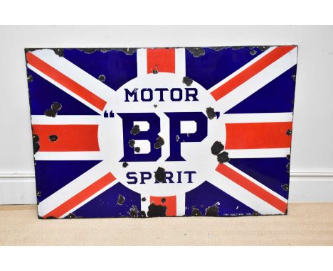 BP SPIRIT; an original Union Jack advertising enamel sign, 'Motor BP Spirit', mounted on a ply board backing, 93 x 137cm.