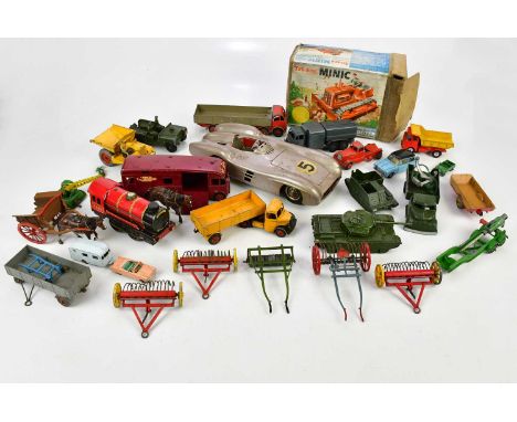 A mixed collection of diecast vehicles including a Tri-ang Minic Tractor with Bulldozer, a Dinky Horse Box, Centurion Tank, a