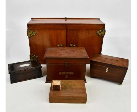 A collection of assorted treen including a oak smoker's box with hallmarked silver applied plaque, Birmingham 1937, an early 