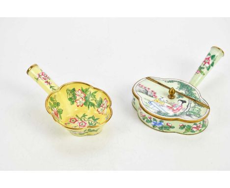 A 20th century Chinese enamel dish with hinged lid and handle, with floral decoration, together with further example, larger 