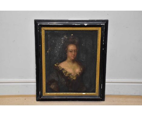 UNATTRIBUTED; late 18th/early 19th century oil on canvas, portrait of a female in red dress, 73 x 59cm, framed.