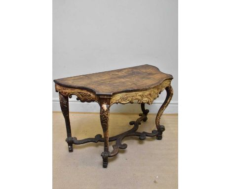 A reproduction French serpentine fronted console table on front cabriole supports, width 120cm, depth 62cm, height 80cm.