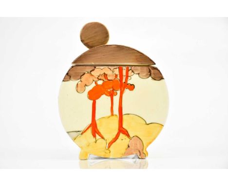 CLARICE CLIFF; a Bonjour shaped preserve jar and cover in the 'Coral Firs' pattern, height 10cm.Condition Report: Light crazi