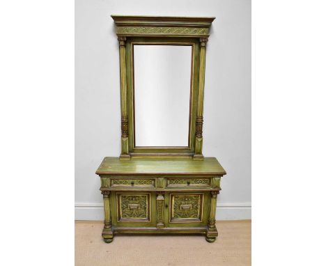 A modern green and gilt painted console table with two drawers above two panelled cupboard doors, on bun feet, width 114cm, w