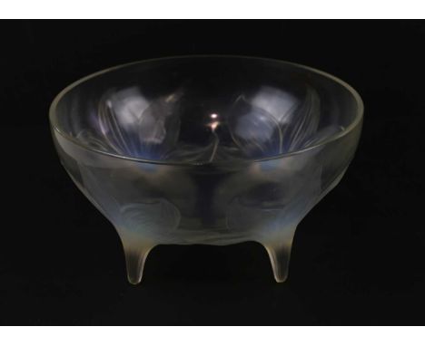 RENE LALIQUE; an opalescent glass 'Lys' bowl, diameter 23.5cm.Condition Report: Light wear and scratches, one foot with small