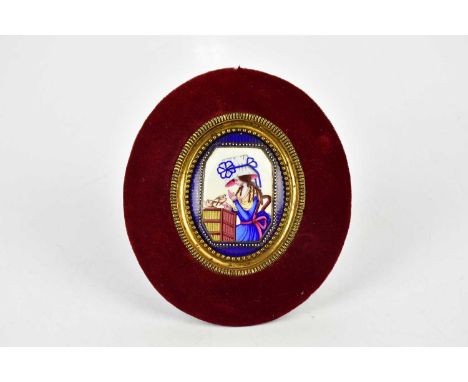 ATTRIBUTED TO LIMOGES; a late 19th century enamel portrait miniature representing a seated maiden beside birds, 7.5 x 6cm, fr