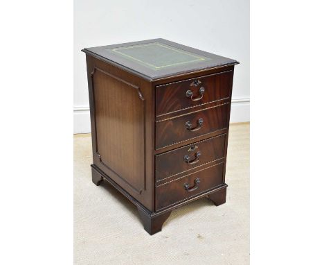 A reproduction mahogany two drawer filing cabinet, with leather inset top, on bracket feet, height 77cm, depth 62cm, width 49