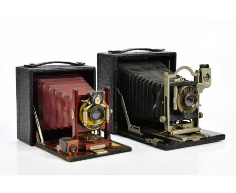 Two early 20th century folding cameras by Premo, comprising a Pony Premo No2, with a Bausch &amp; Lomb lens and Premo No9 cam
