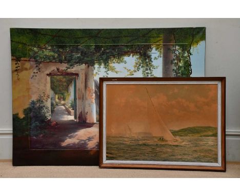 CARL AAGAARD; a large scale overpainted print, view of the Amalfi Coast, 87 x 125cm, together with a further print after Mont