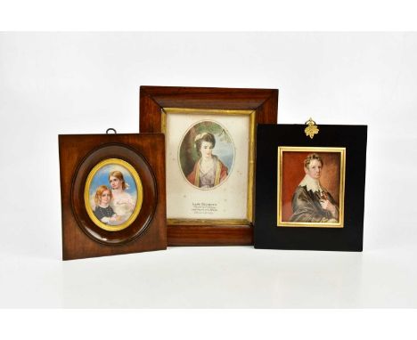 A 19th century watercolour portrait miniature of Earl Cowper, 10 x 7.5cm, further portrait miniature of two girls and a 19th 