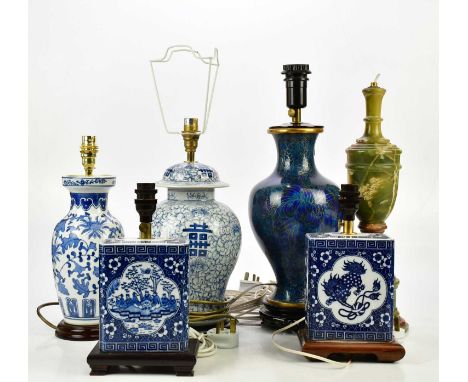 Six 20th century decorative table lamps including a pair of Chinese blue and white examples of square form, two further Chine