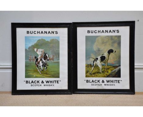 BUCHANAN'S; a pair of advertising prints for 'Buchanan's Black &amp; White Scotch whisky', depicting a hunting dog and polo p