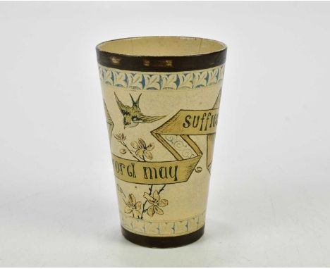 ROBERT WALLACE MARTIN; a Martin Brothers cylindrical beaker decorated with swallows and verse 'To the Wise a Word May Suffice