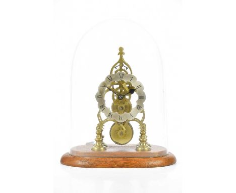 An early 20th century skeleton clock, with silvered chapter ring with Roman numerals, with fusee movement, on oak plinth base