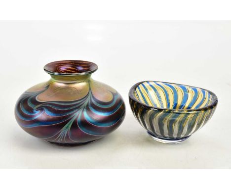 RICHARD P GOLDING FOR OKRA GLASS; a squat iridescent vase, signed, height 8cm and an Orrefors bowl by Edvin Ohrstrom, signed,