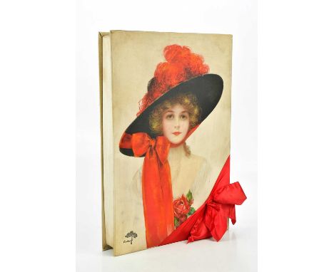 CADBURY; a vintage chocolate box decorated with a portrait of a maiden in a bow tied red hat, with original bow, length 51cm.