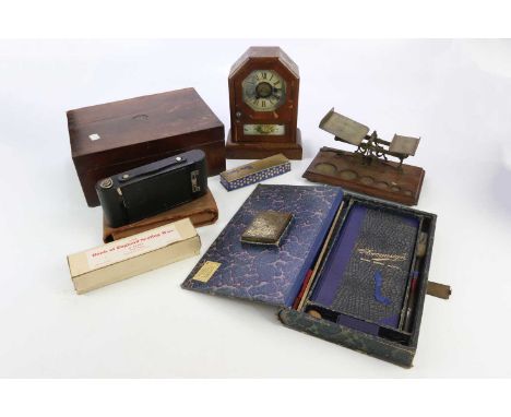 A small quantity of collectors' items including a postage scale, vintage Kodak camera, Bank of England sealing wax, a mahogan