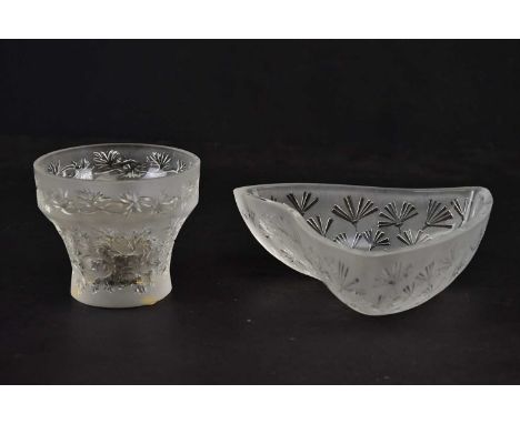 LALIQUE FRANCE; a triangular shaped dish with floral decoration, length 15cm, and a similar candle holder (2).   Condition Re