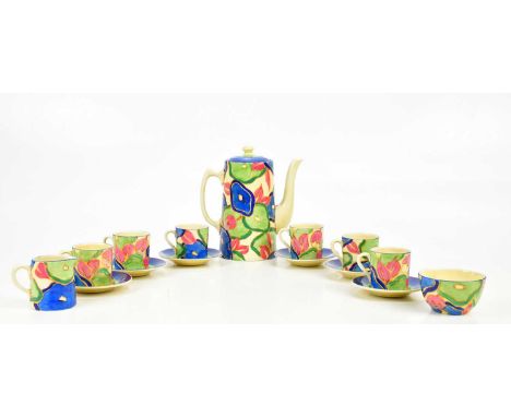 CLARICE CLIFF; a six setting coffee service in the 'Blue Chintz' pattern, comprising coffee pot, milk jug, sugar bowl, six ca