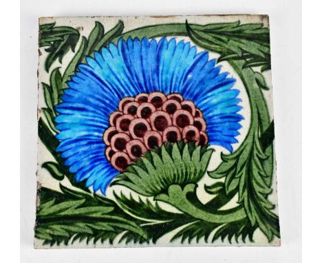 WILLIAM DE MORGAN (1839-1917); an Arts &amp; Crafts ceramic tile decorated with a Persian carnation, impressed Sands End Pott