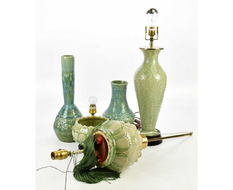 A decorative modern Oriental table lamp with celadon glaze, height including fitting 60cm, two unusual Oriental lamps with re