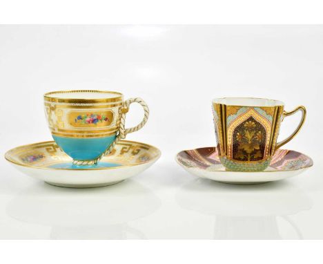 COPELAND; a 19th century teacup and saucer of shaped square form, with hand painted and jewelled decoration, and a Mintons 19