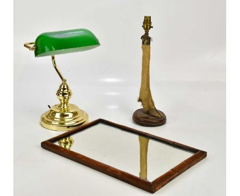 TAXIDERMY, a deer hoof converted to a table lamp, a modern brass desk lamp with green glass shade and a rectangular wall mirr