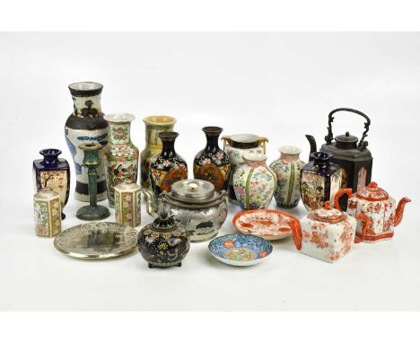 A collection of Oriental items including a Japanese Meiji period koro and cover, decorated with insects and exotic birds, hei