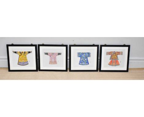 Four contemporary watercolours representing Chinese kimonos, bearing red seal stamp, 32 x 35cm, framed and glazed (4).