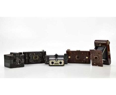 A collection of five bakelite cameras, to include a Coronet 3-D, two Hawkette's No 2, a model B and an Envoy (5)