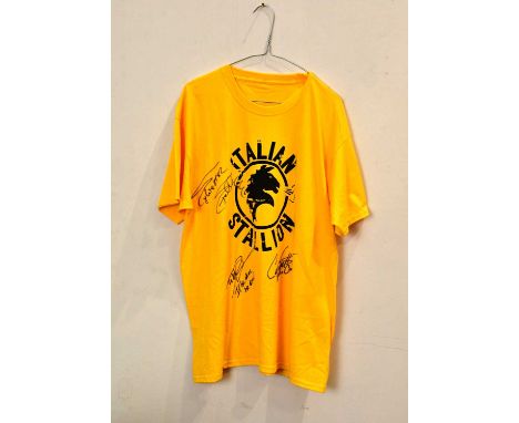ROCKY; an Italian Stallion T-shirt signed to front by Sylvester Stallone, Dolph Lundgren and Carl Weathers.Condition Report: 