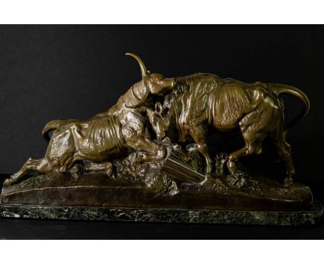JEAN-BAPTISTE CLESINGER (FRENCH 1814-1883); bronze sculpture 'Combat de Taureaux Romains', impressed signature and dated 1863